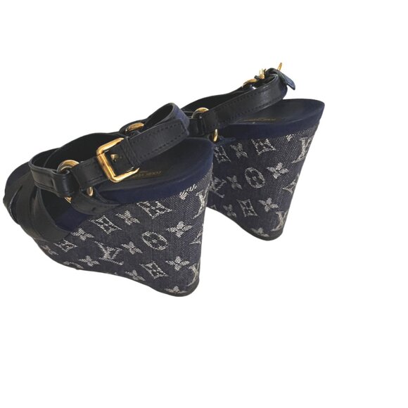 Louis Vuitton Navy Blue LV Monogram Denim & Leather Wedge Sandals Size 36/US 6 - Picture 8 of 13
